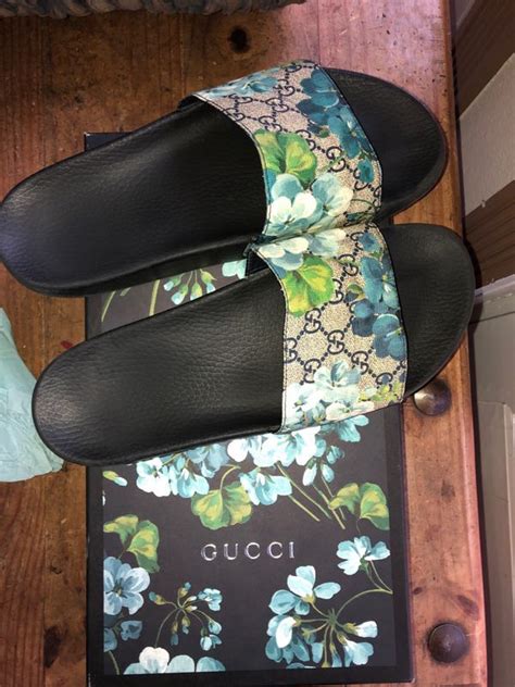 blue floral gucci slides